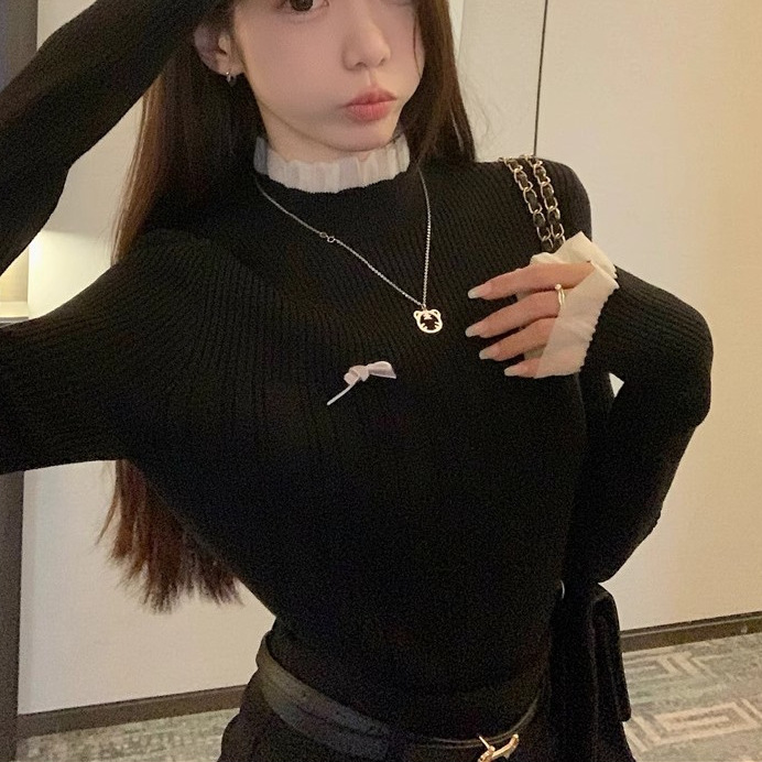 カットソー レディース長袖ハイネックニットセーター上品リブ編みトップス