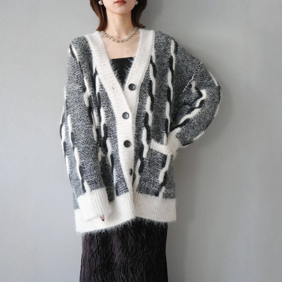 カットソー ブイネック編み柄カーディガン レディース ゆったりニット