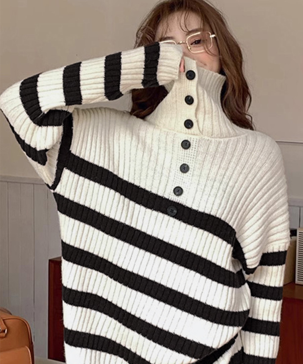 カットソー ボーダー柄タートルネックニット ゆったりセーター