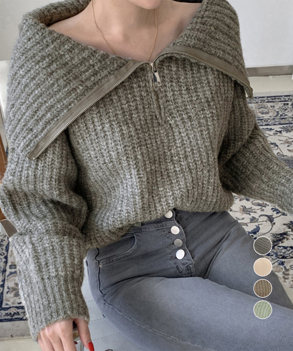 カットソー ハーフジップニットセーター ボートネック ビッグカラー