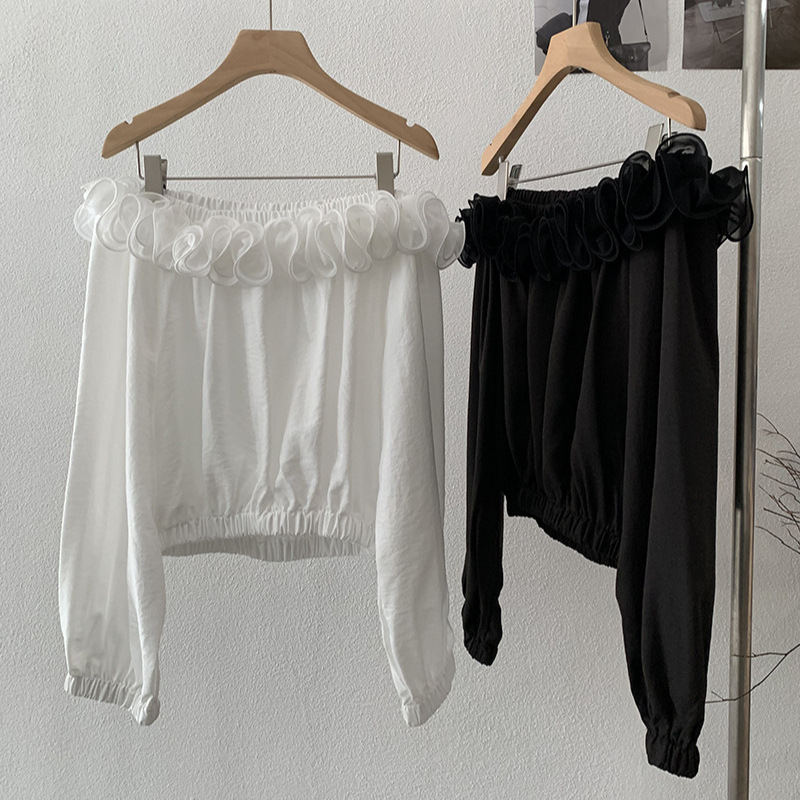 韓国風ボートネック長袖カットソー フリル付き2色展開