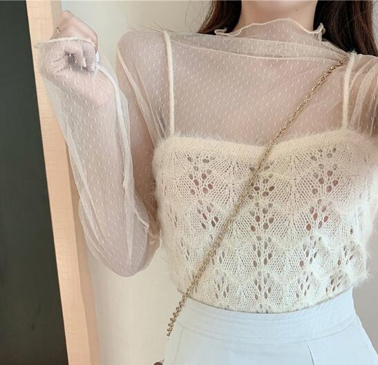 透け感長袖シャツ レース編みベスト重ね着風カットソー