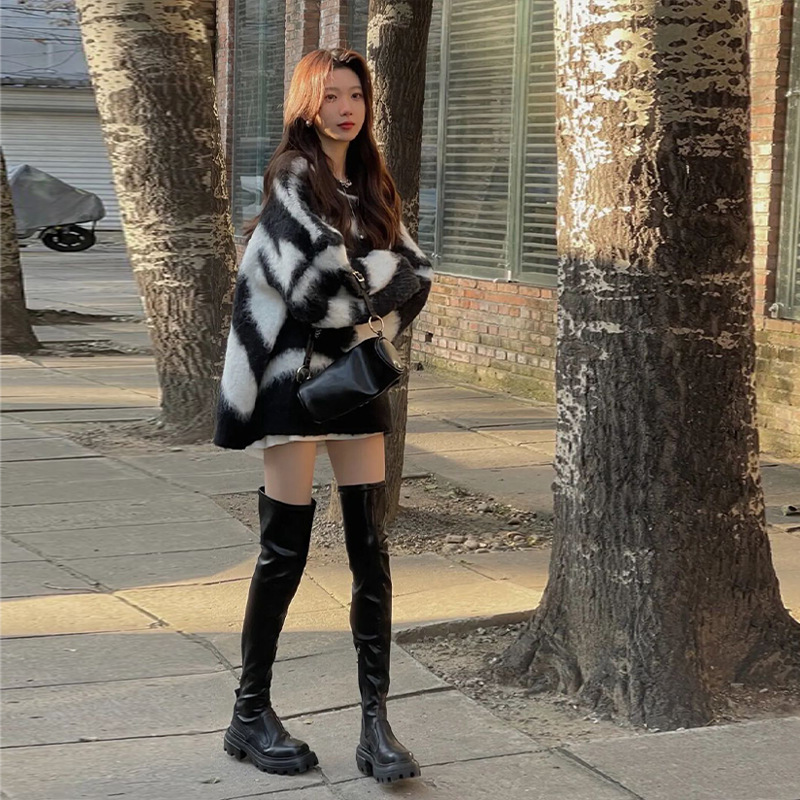 カットソー 韓国風モノトーン長袖ニットセーター