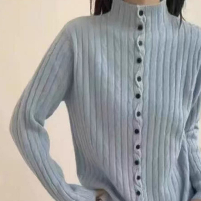 カットソー 2025新作 レディース ハイネック リブニット セーター ボタン付き