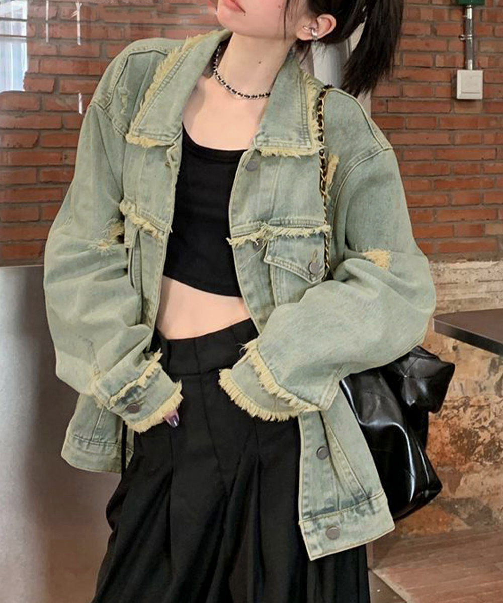 カットソー 切りっぱなし裾加工長袖デニム上着