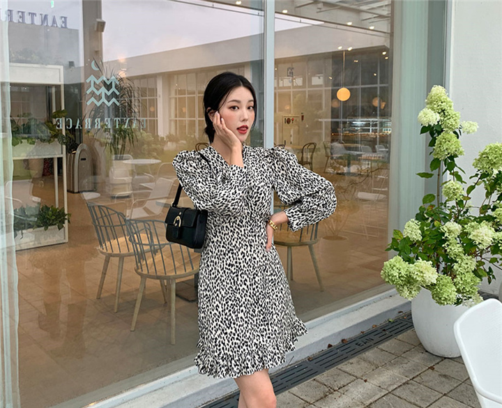 カットソー Vネック豹柄ワンピース 春夏ウエストシェイプ上品ミニ丈