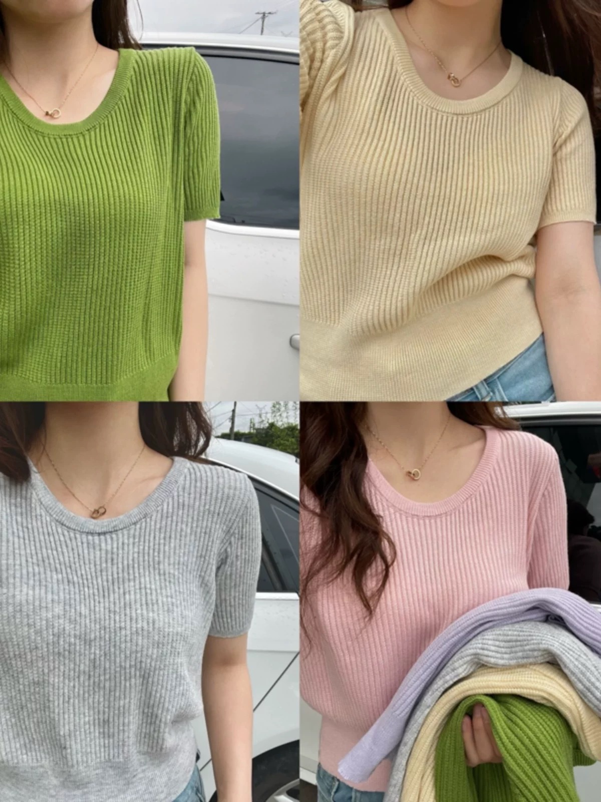 カットソー リブ編み優美Uネック半袖ニット