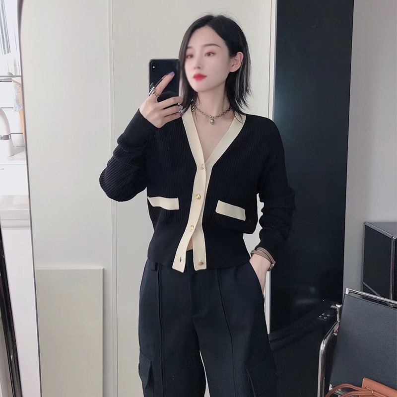 カットソー 配色リブニットカーディガンVネックカットソー