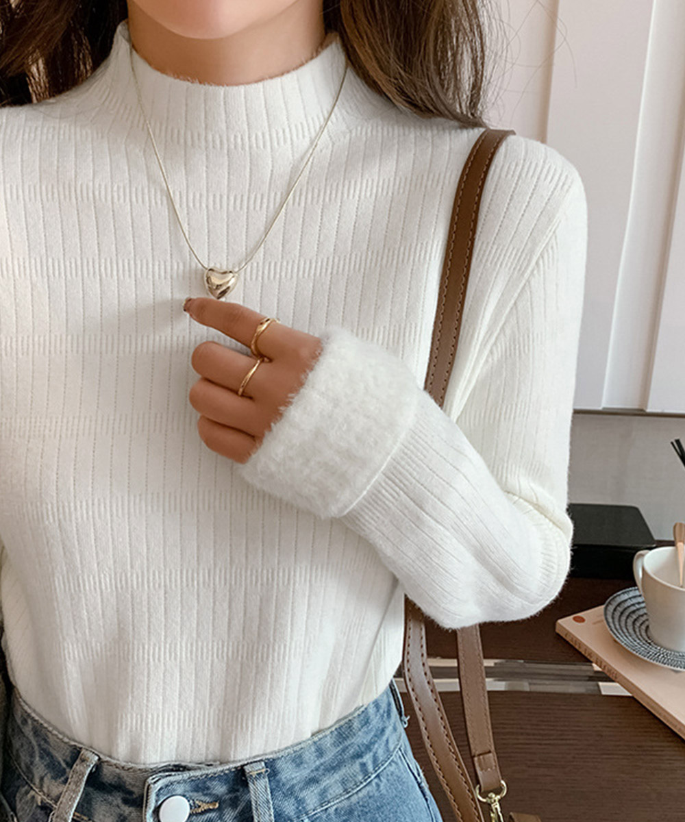 裏起毛ハイネックニット長袖カットソー厚手