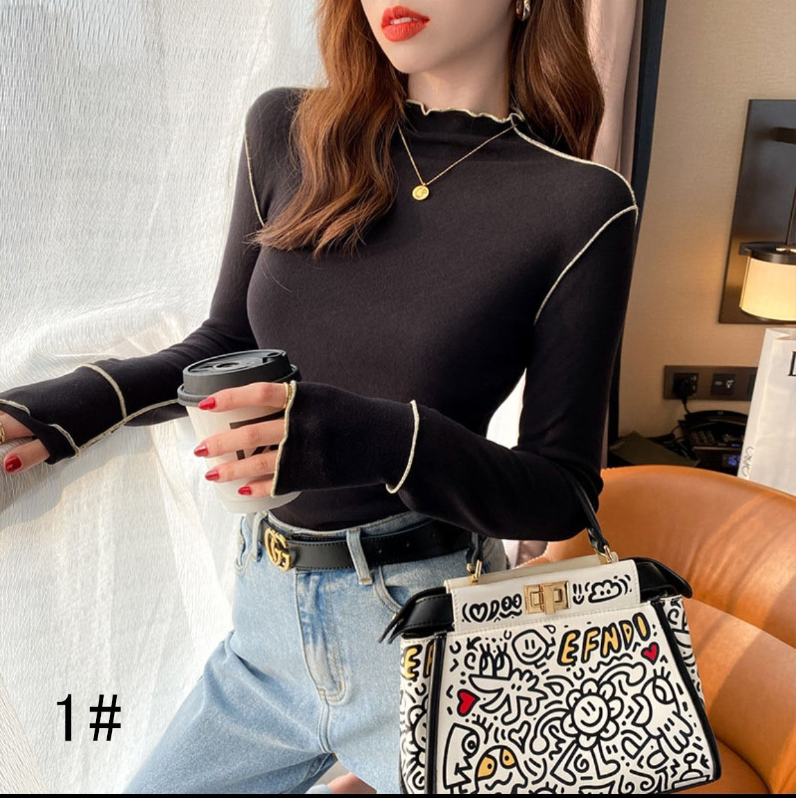 秋冬新作 ハイネック カットソー フレア袖 重ね着 レディース