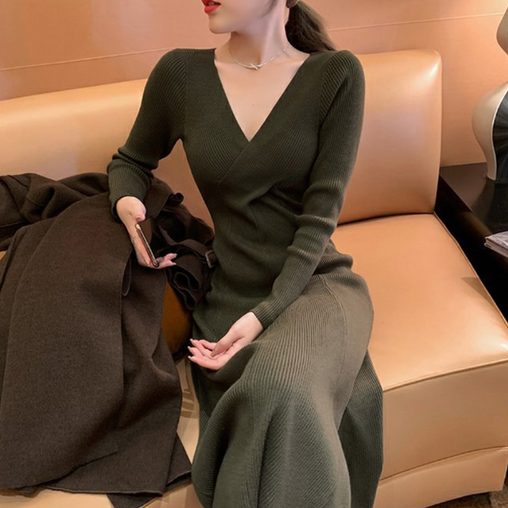 カットソー Vネック ニットワンピース ロング丈 レディース