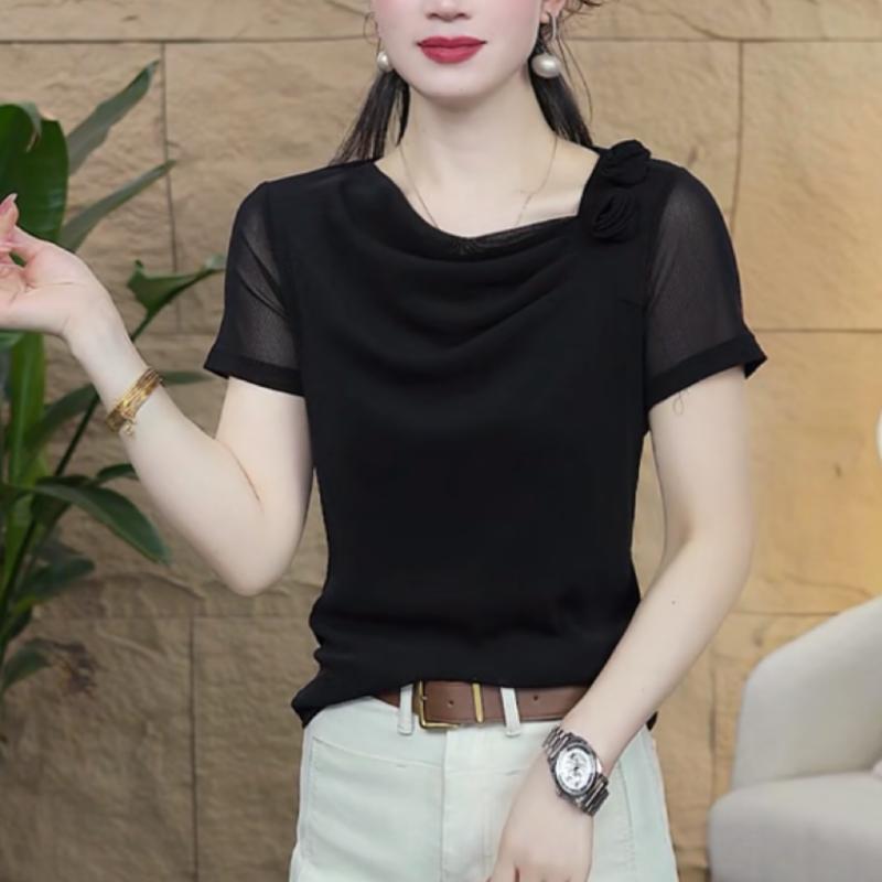 カットソー 優雅なドレープ花飾りボートネック