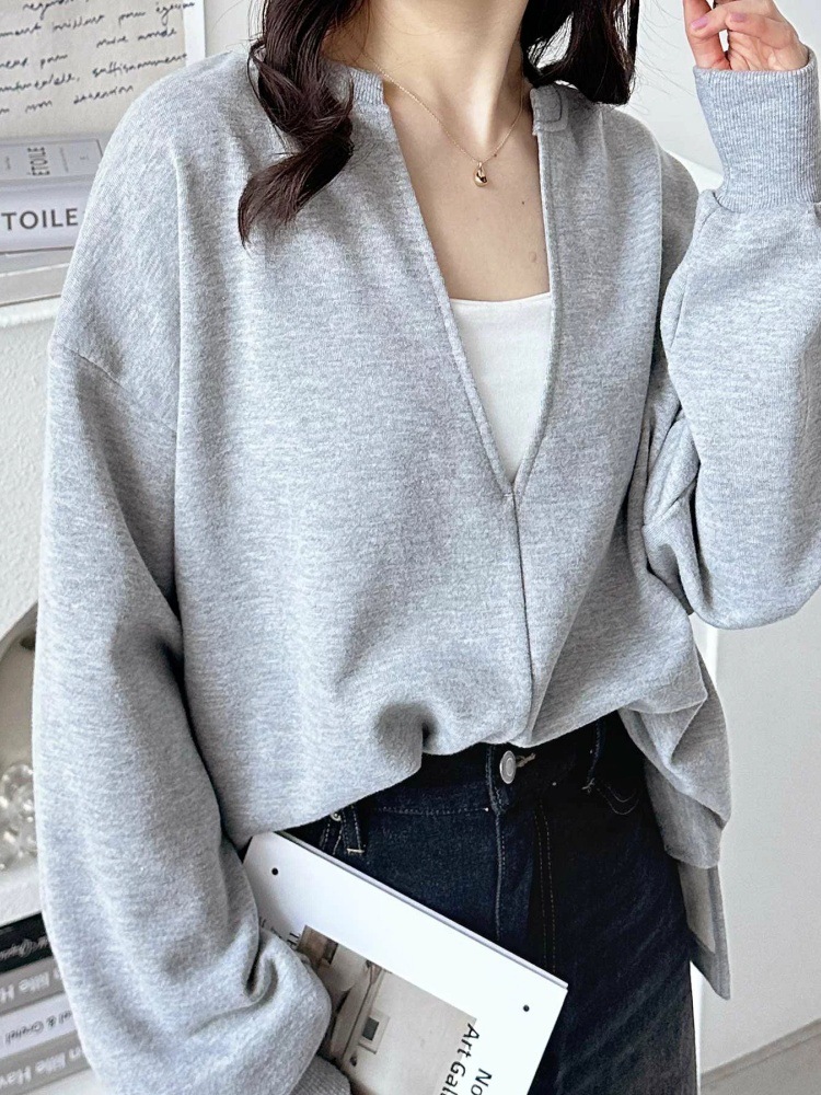 女性用Vネック長袖カットソー ゆったり無地プルオーバー