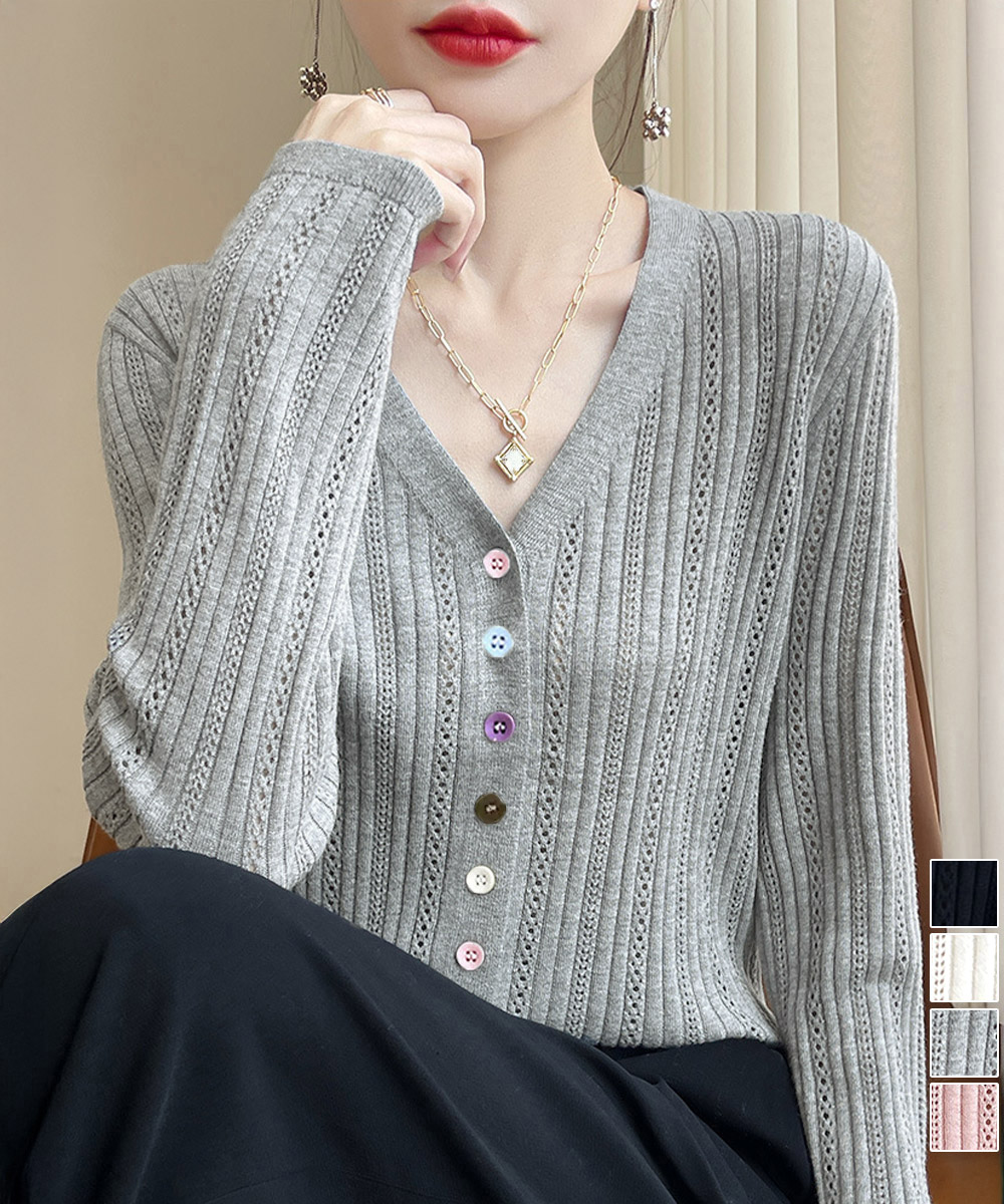 カットソー 透かし編みVネック針抜きニットカーディガン