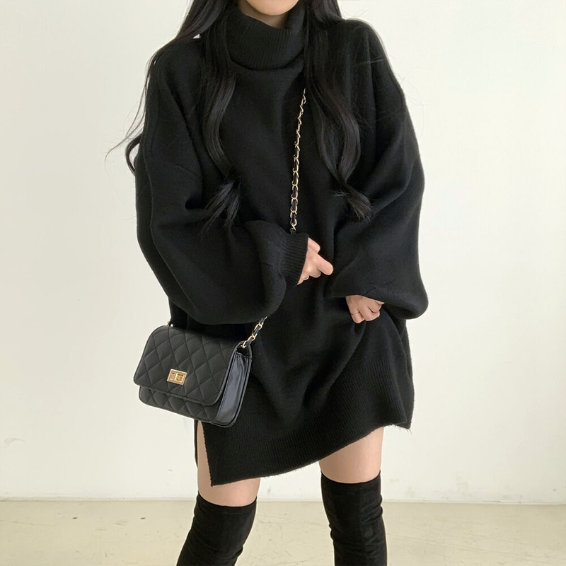 カットソー ふんわりパフスリーブタートルネックニットワンピース