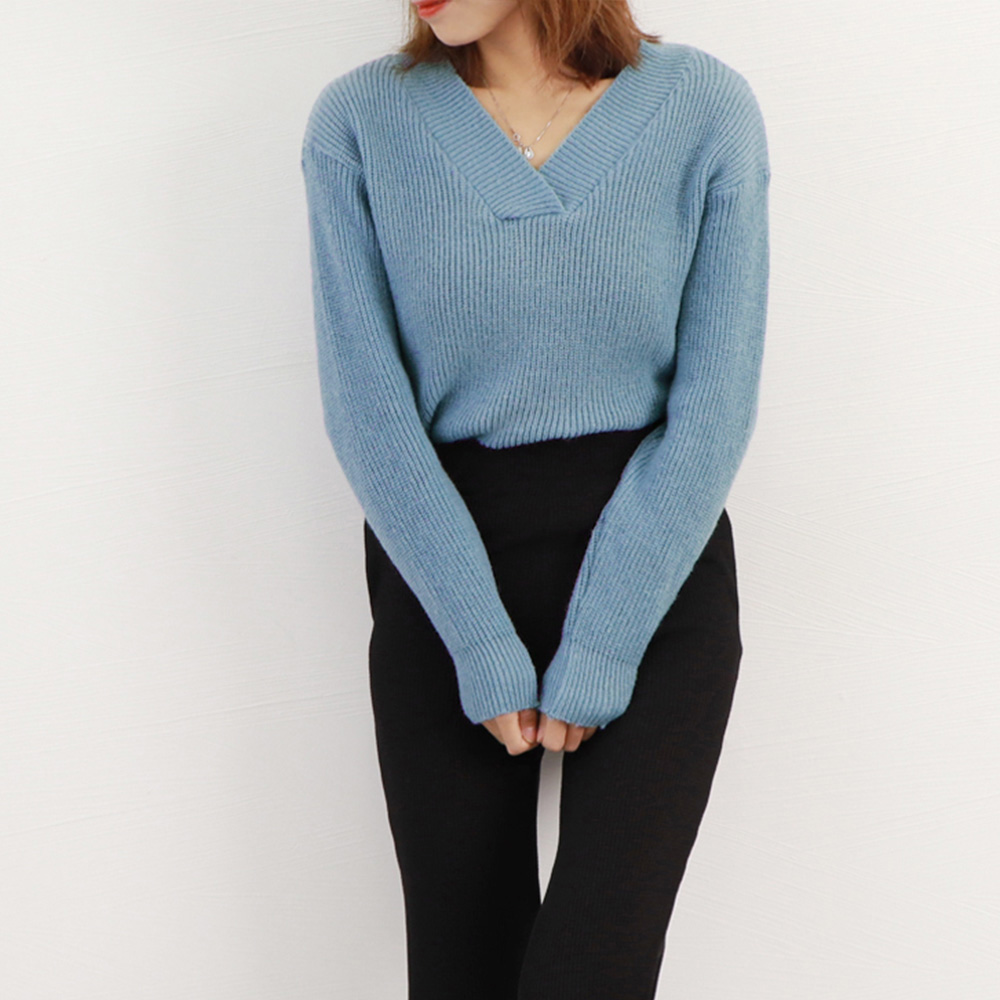 カットソー 上品ブイネックリブニットセーター 長袖レディース秋冬