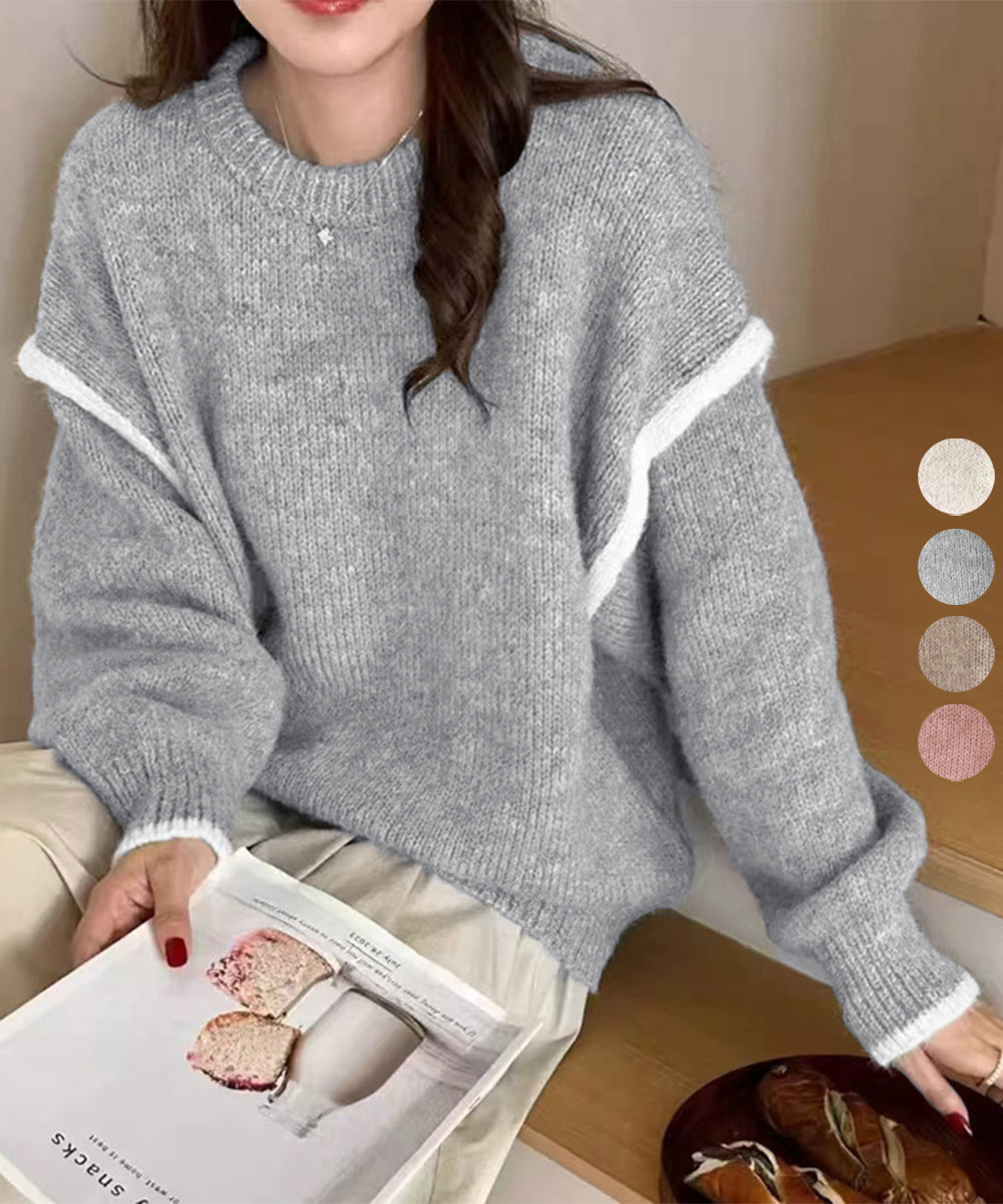 カットソー 長袖ゆったりニット丸首セーター体型カバー冬服