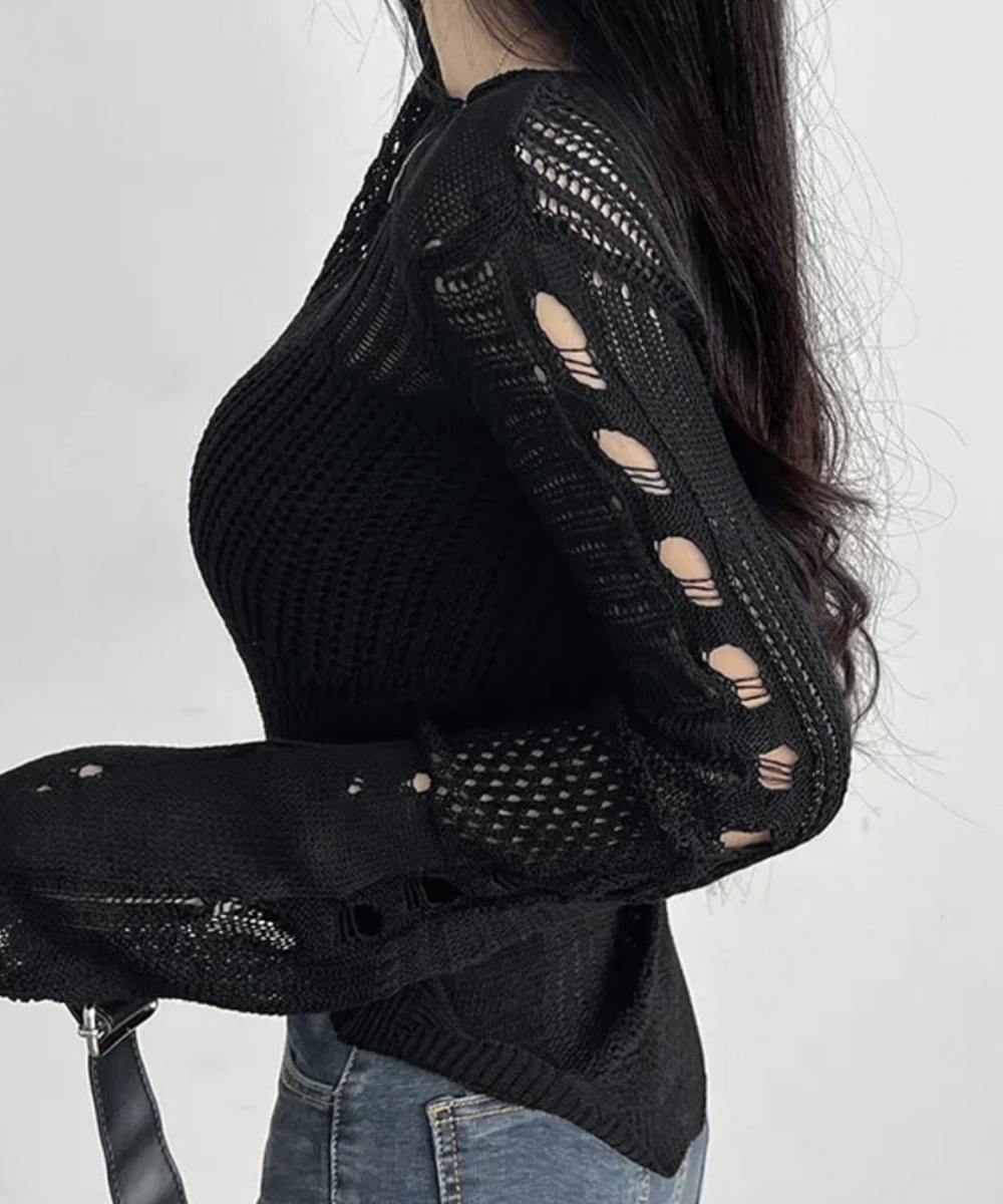 透かし編み長袖カットソー ダメージニットトップス
