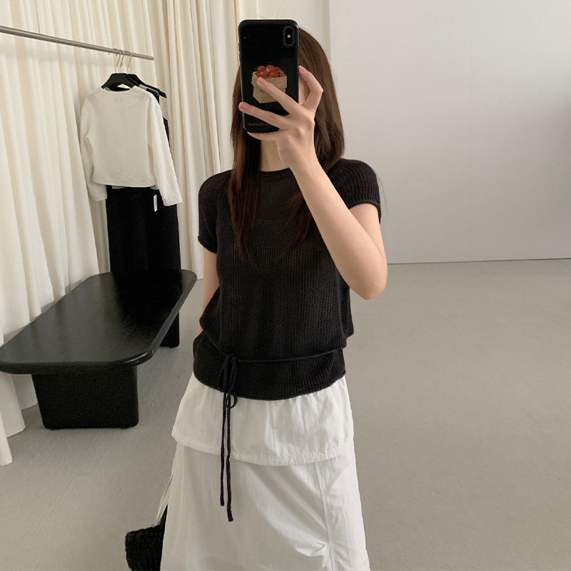 カットソー ウエスト紐付きリブ編み半袖ニット