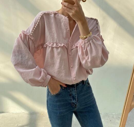 カットソー 秋服フリル長袖ブラウス丸襟レディース