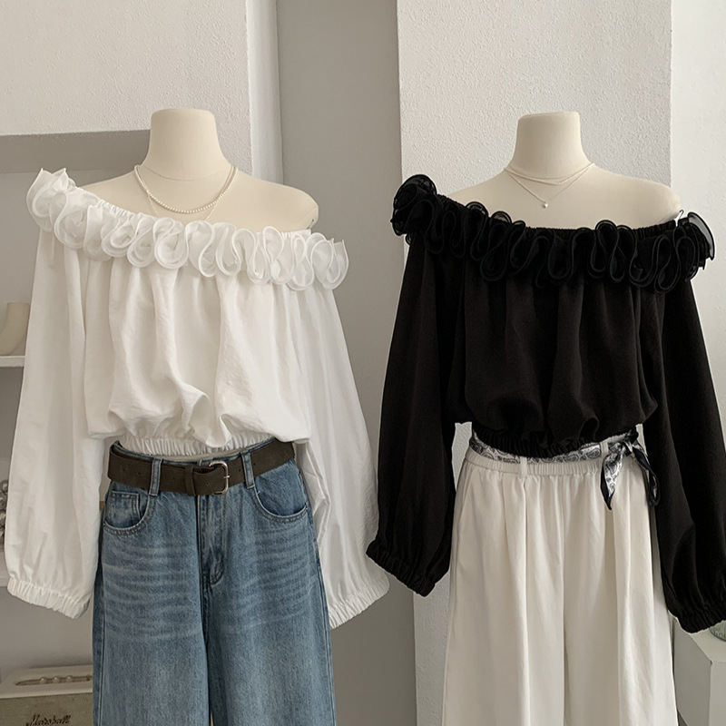 韓国風ボートネック長袖カットソー フリル付き2色展開