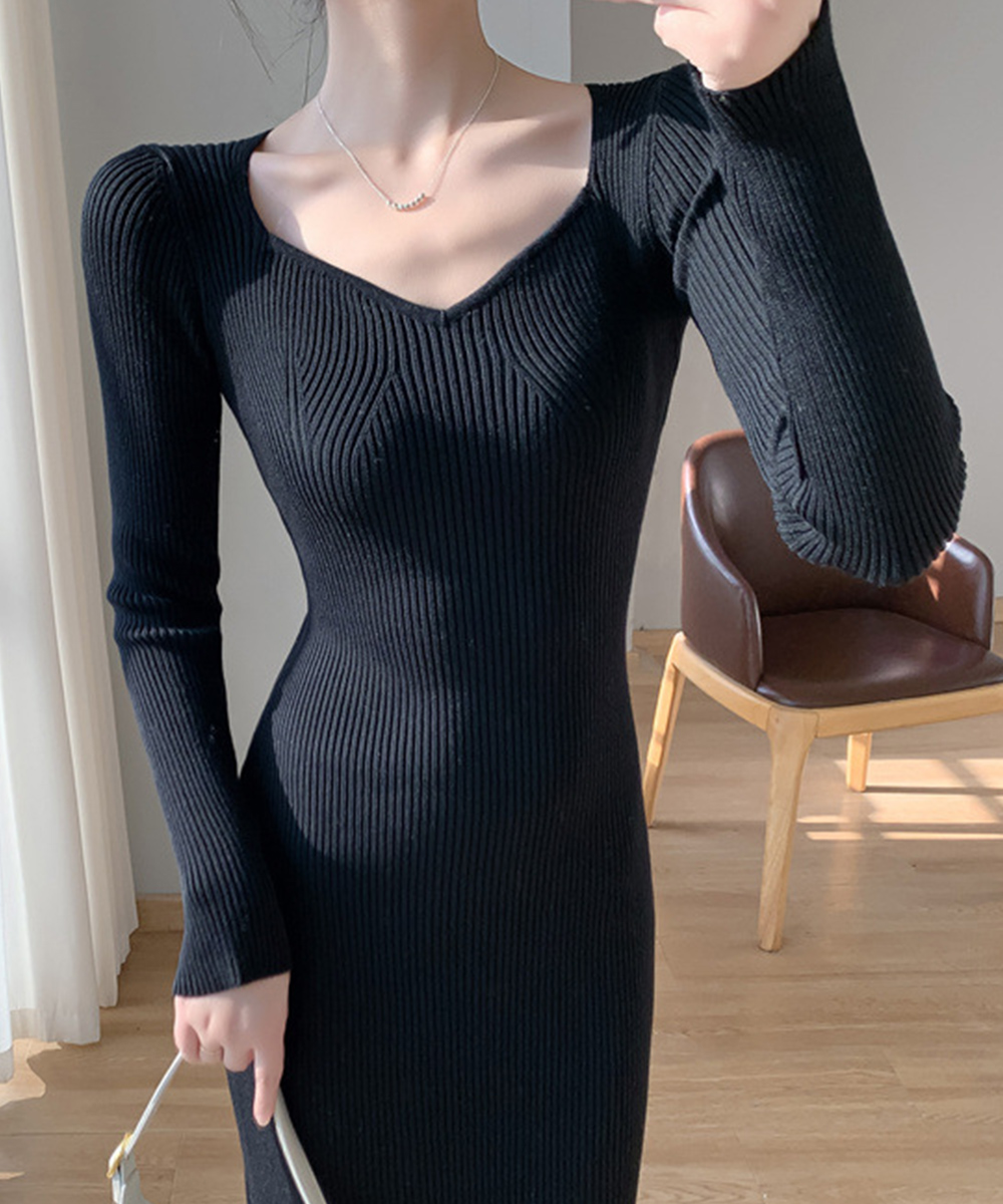 カットソー 長袖ニットワンピース 人魚姫シルエット ロング丈