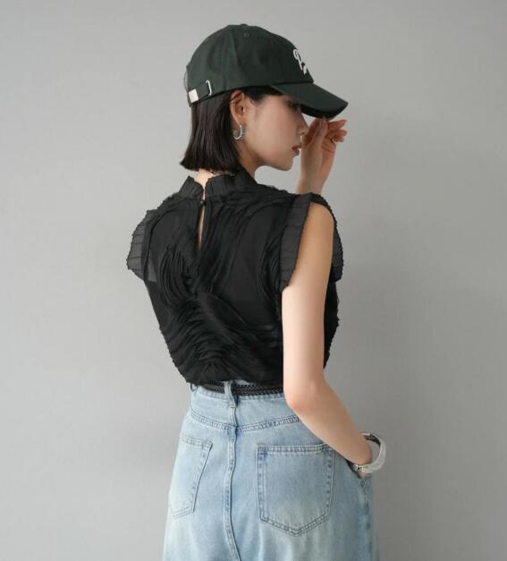 カットソー フリル襟 シアー半袖トップス 全3色