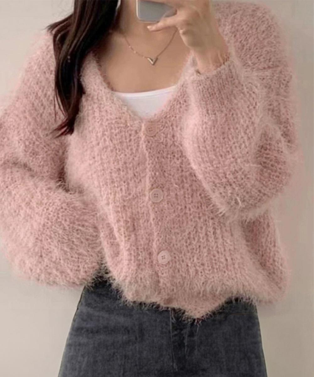 カットソー ふわふわモヘアタッチVネックシャギーニットカーディガン