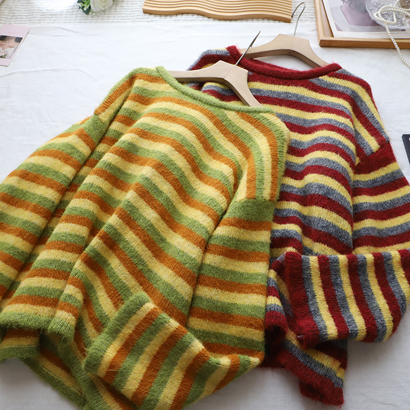 カットソー 韓国風ストライプニットセーター長袖レディーストップス