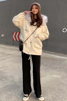 カットソー 学生向け韓国風長袖コットンコート毛皮襟付き冬服