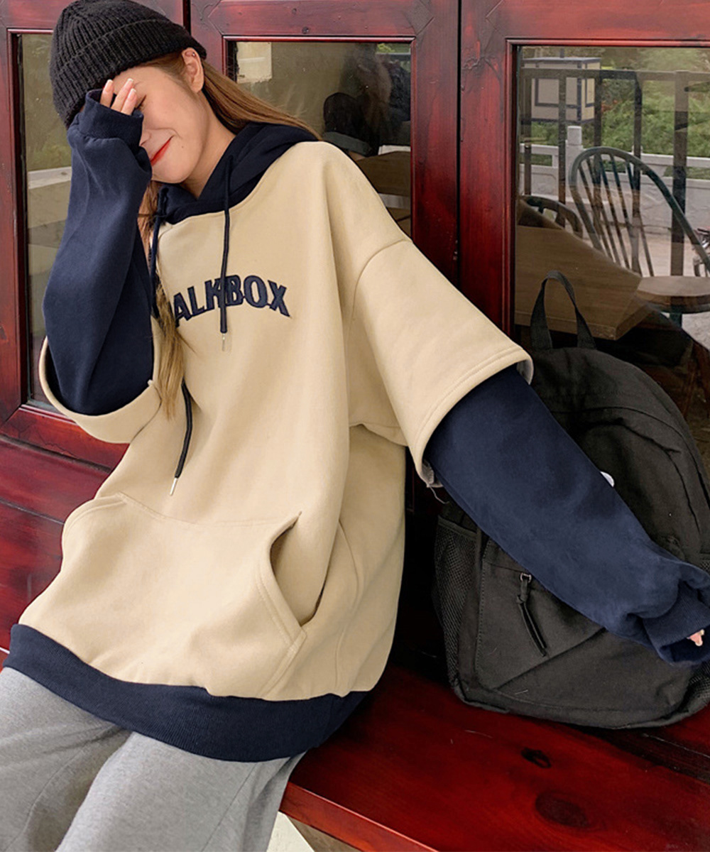 カットソー 裏起毛 配色切り替え 長袖パーカー レディース