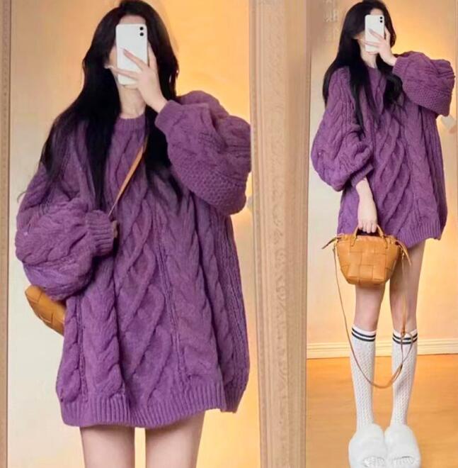 カットソー 女性用ハイネックニットセーター ケーブル編み厚手カジュアルトップス