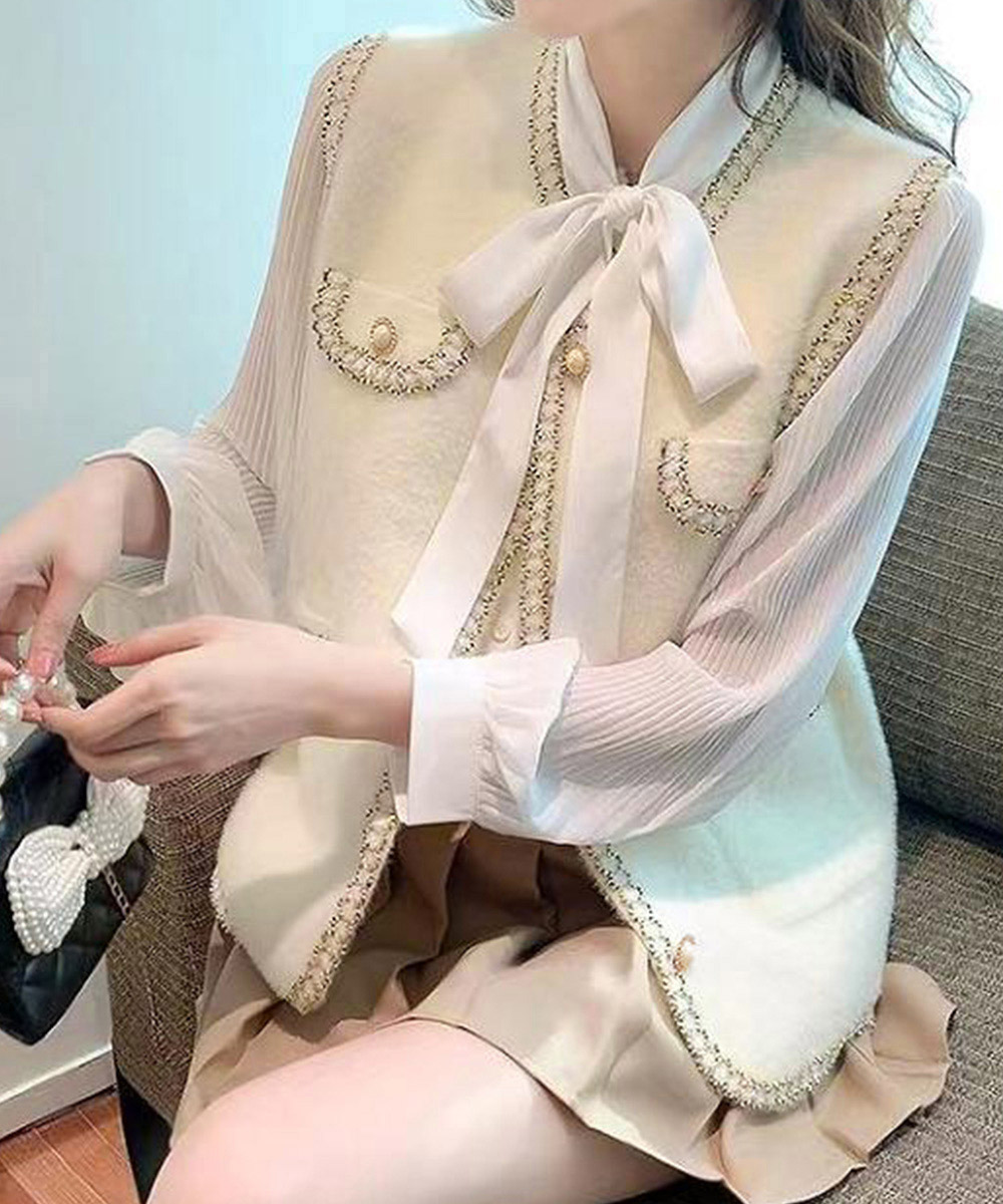 カットソー ラメ入りモヘア風ノースリーブニットベスト韓国風秋冬