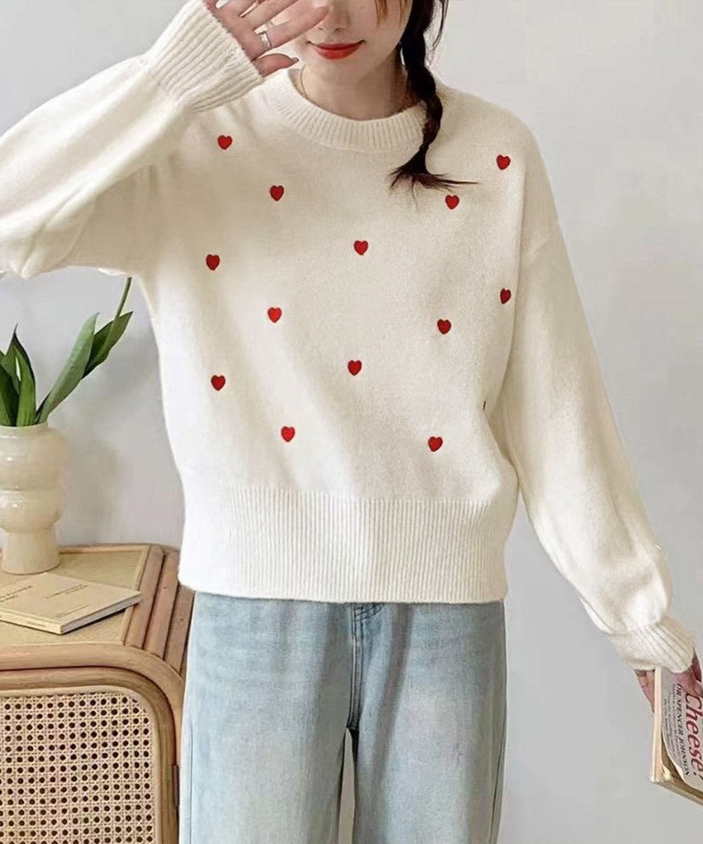 カットソー ハート柄丸首長袖ニットセーター韓国風