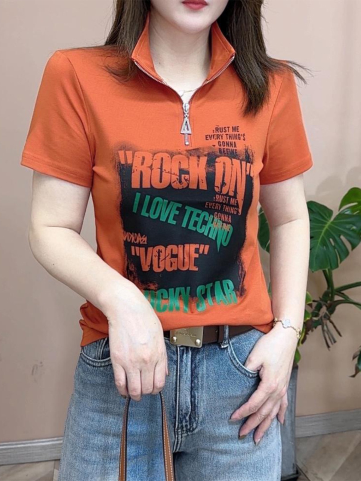 カットソー スタンドカラー ロックメッセージ 半袖