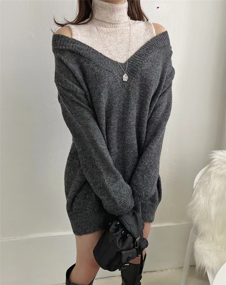 カットソー タートルネック重ね着風ニットワンピース