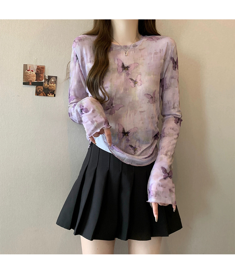 カットソー 蝶々柄シアー長袖トップス 透け感薄手レディース新作