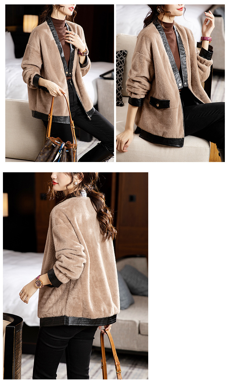 カットソー レディース長袖ノーカラーボアジャケット配色切替上品コート