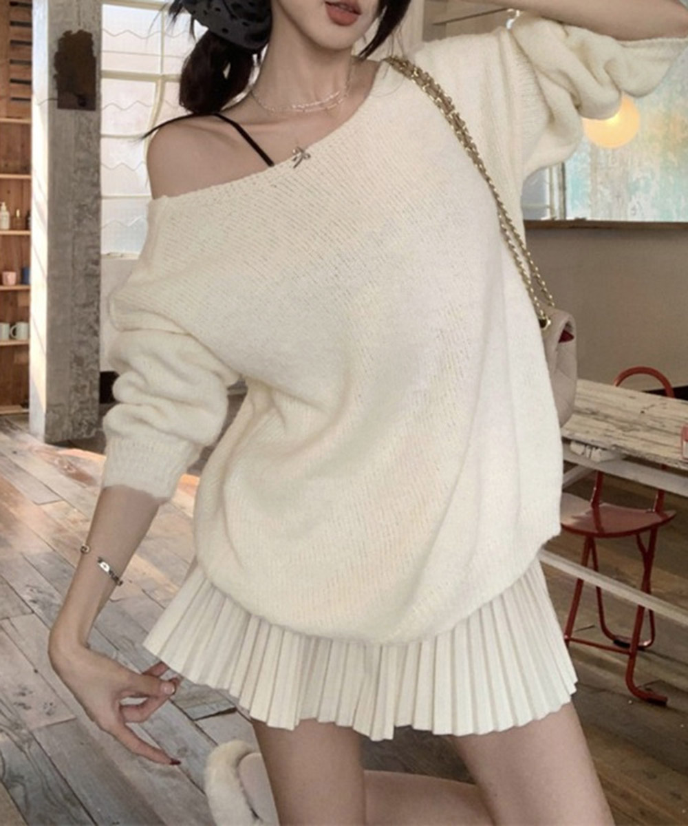 カットソー ボートネック背中開きリボンニットトップス