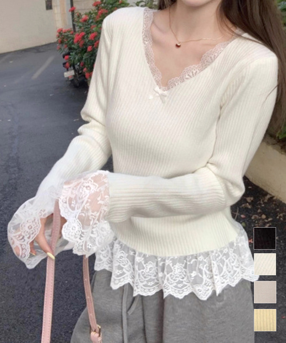 レース切替えVネックニット長袖カットソー