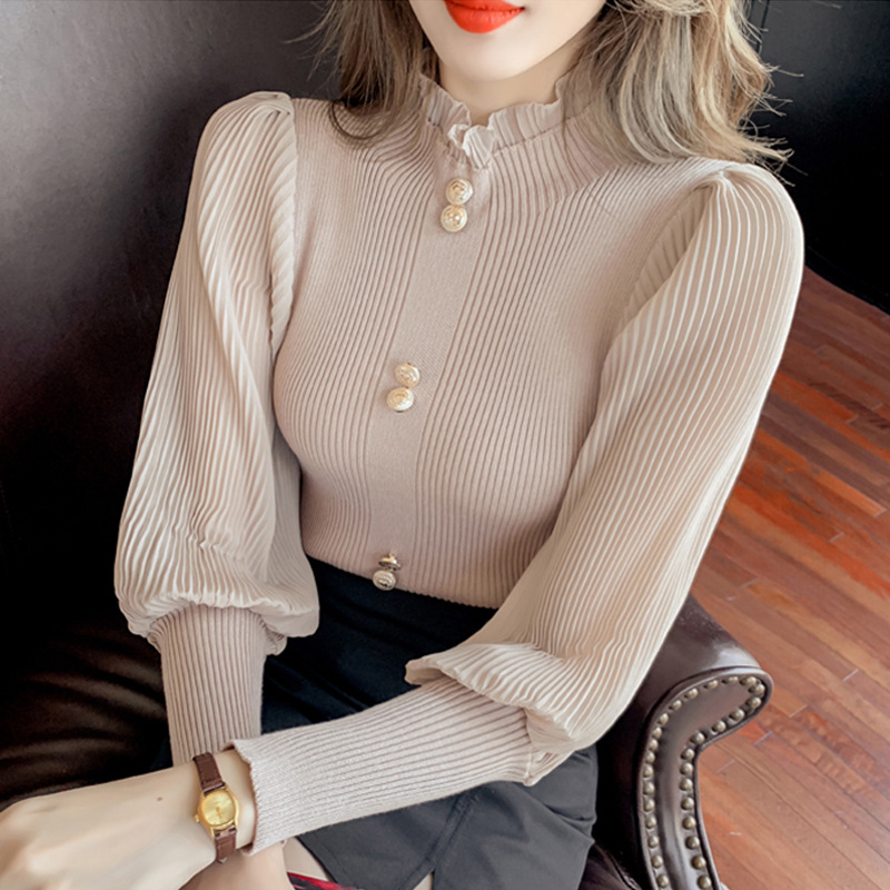 カットソー レディース ハイネック リブニット 金ボタン付き 長袖セーター