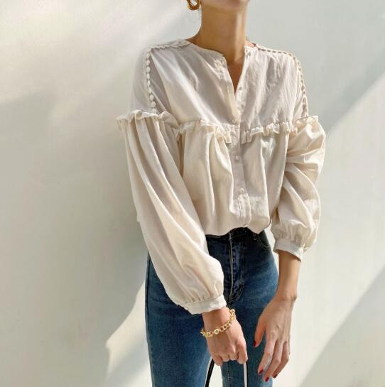 カットソー 秋服フリル長袖ブラウス丸襟レディース