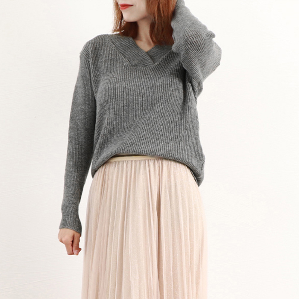 カットソー 上品ブイネックリブニットセーター 長袖レディース秋冬