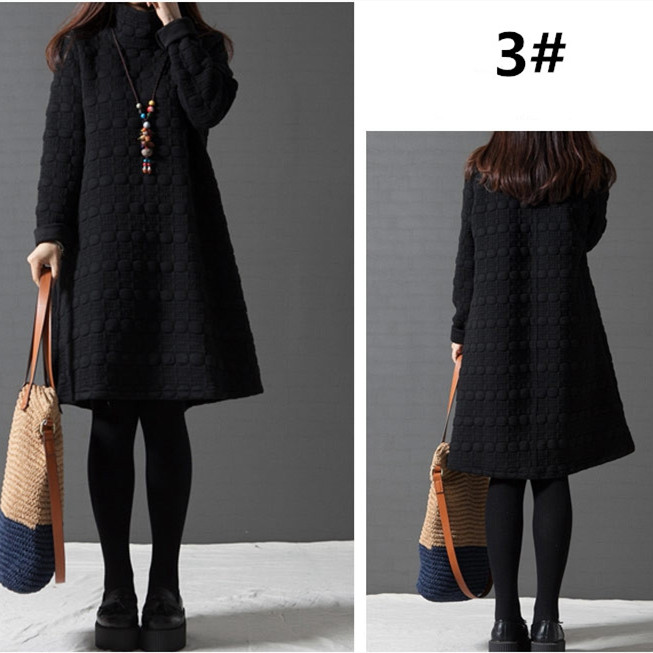 カットソー 秋冬ハイネックワンピース厚手長袖ゆったり体型カバー