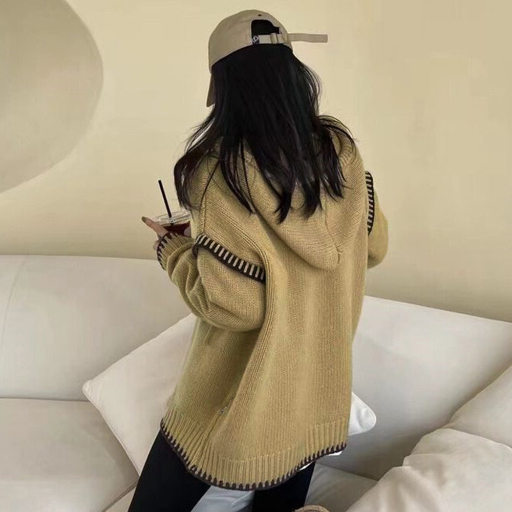 カットソー 配色ステッチ長袖ニットパーカー韓国風