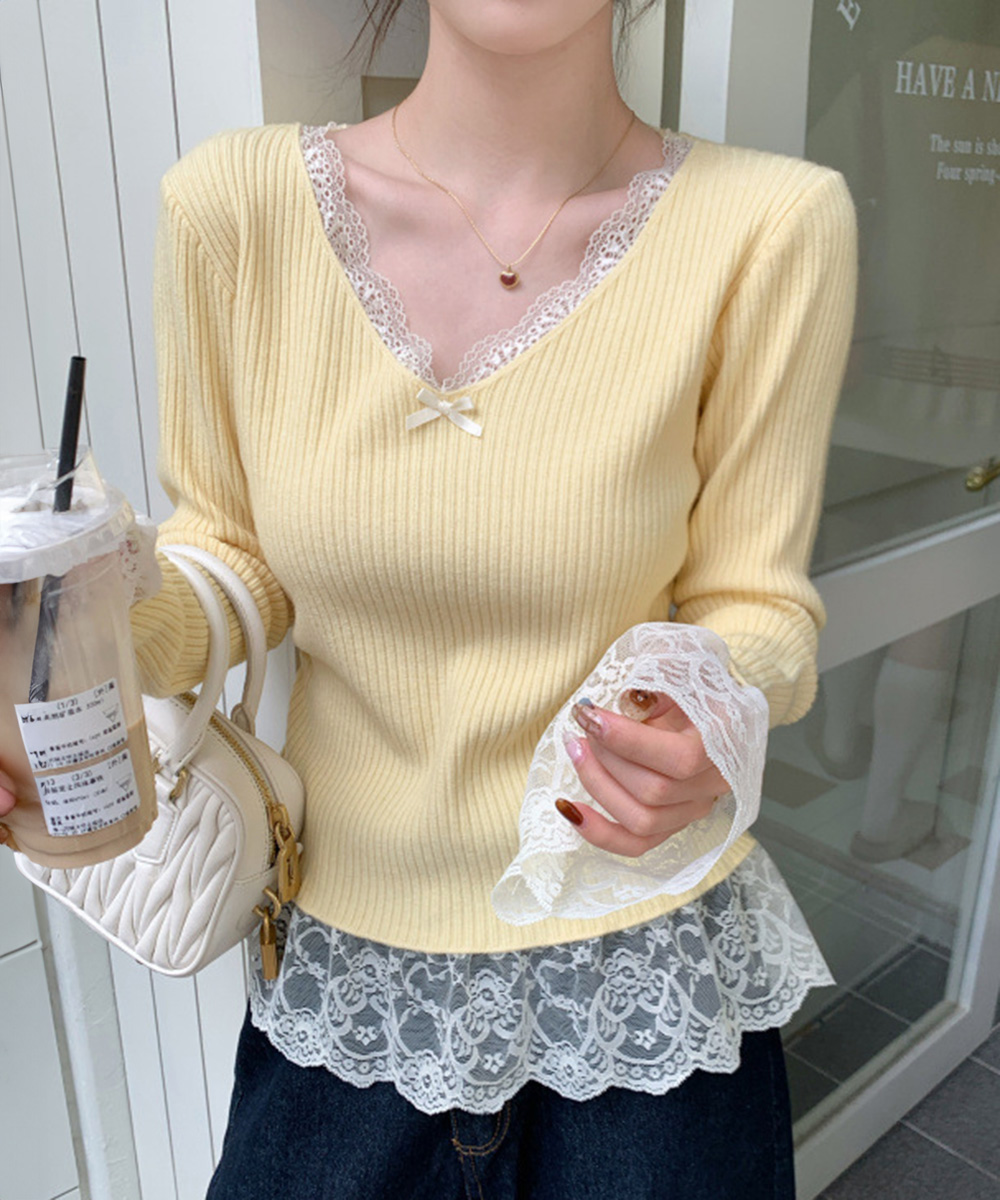 レース切替えVネックニット長袖カットソー