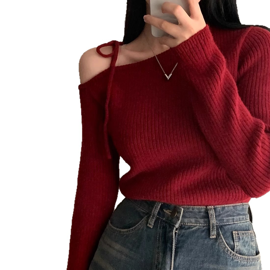 カットソー 韓国風ボートネックニットセーター肩見せリボン付き