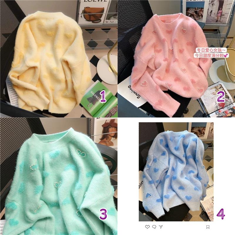 カットソー パール装飾長袖ニットセーター丸首可愛い韓国風4色展開