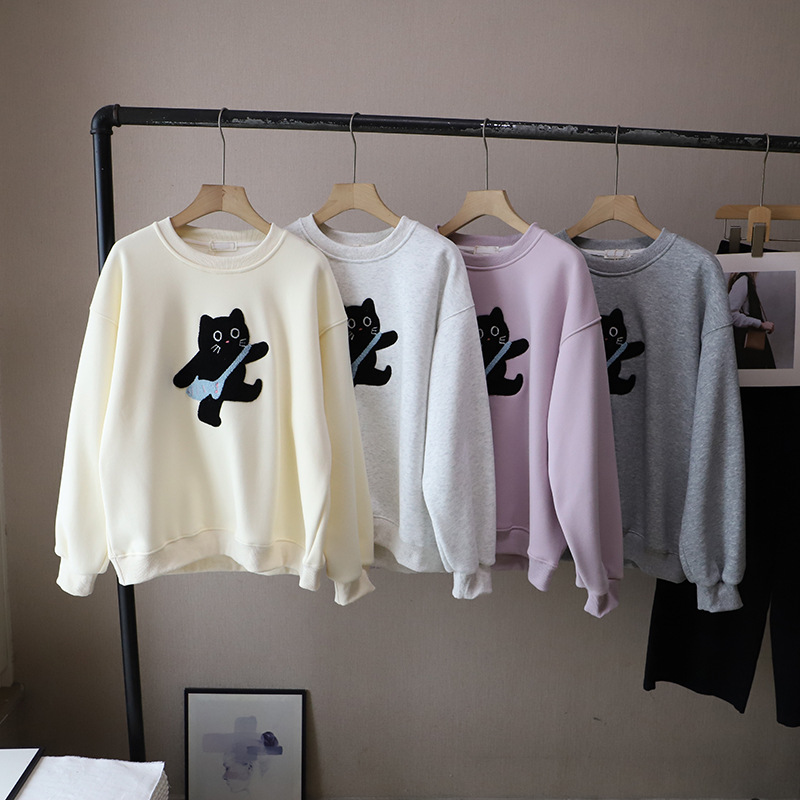 可愛い猫刺繍長袖裏起毛カットソー韓国風4色