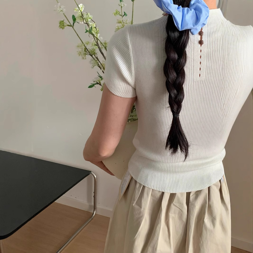 カットソー リブニット ハイネック半袖